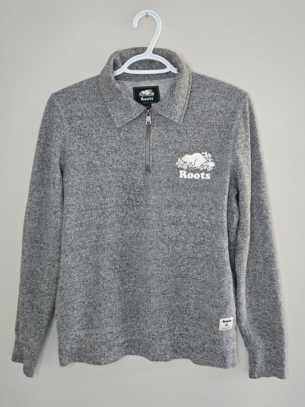 Roots women's gray/salt + pepper quarter-zip pullover sweatshirt, small + new